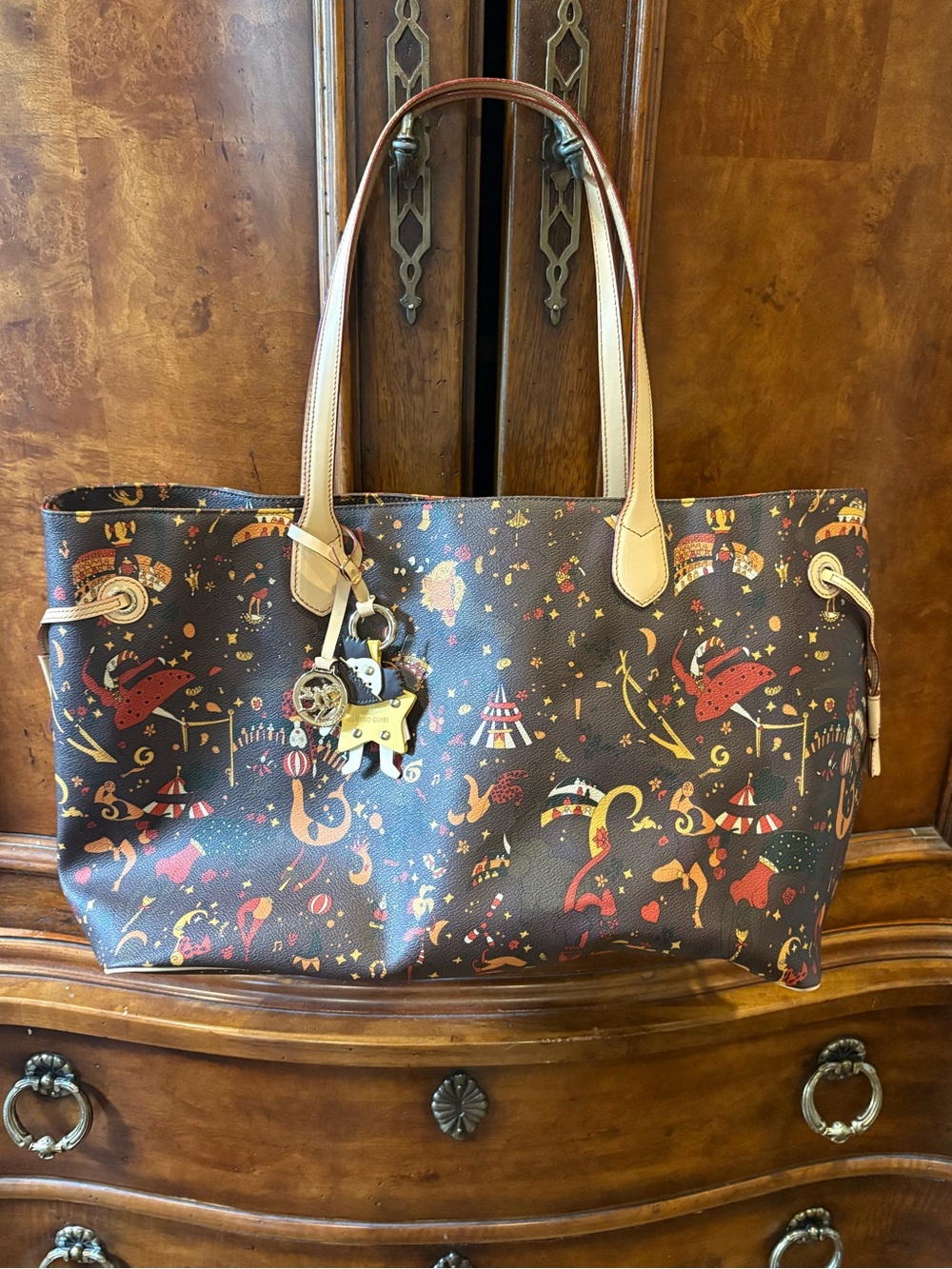 Piero Guidi Magic Circus Canvas Tote with Tan Leather Trim
